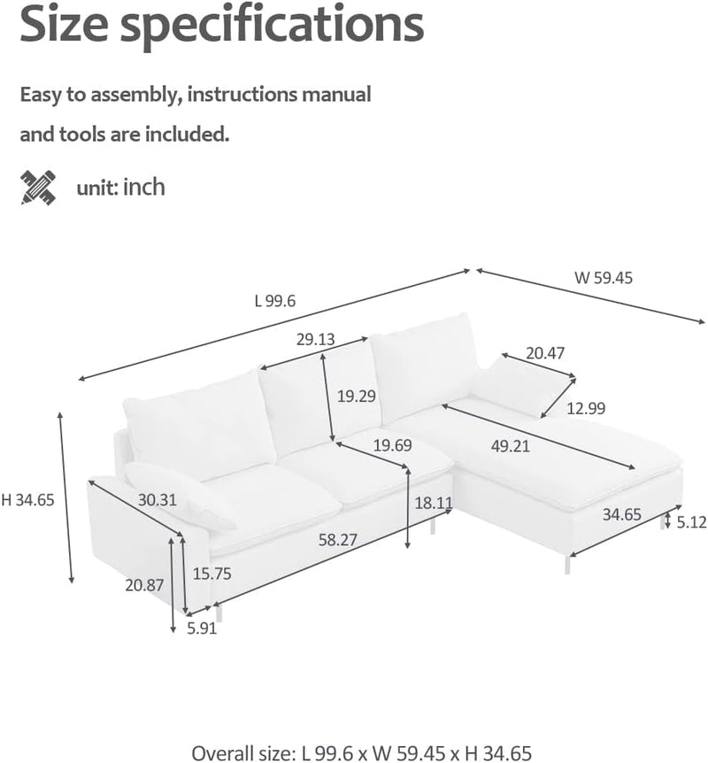 100'' Linen L-Shaped Right-Hand Facing Sectional Sofa with Metal Legs and 2 Pillows(Beige)