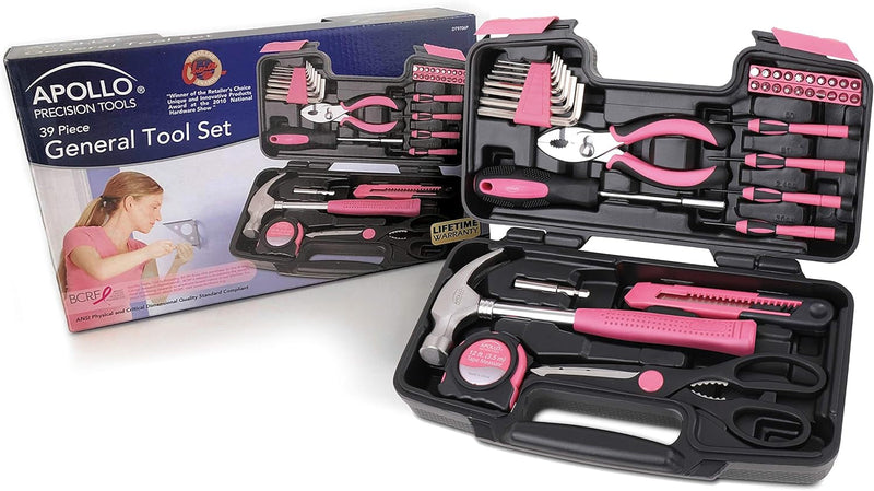 Apollo Tools Original 39 Piece General Household Tool Set in Toolbox Storage Case with Essential Hand Tools for Everyday Home Repairs, DIY and Crafts - Pink Ribbon - Pink - DT9706P