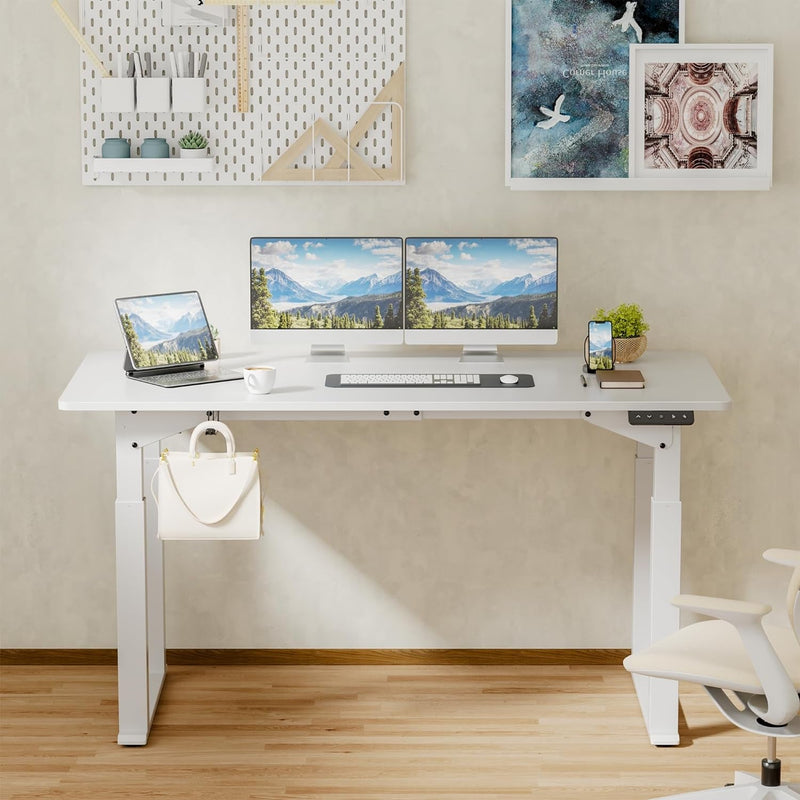 Electric Standing Desk 4 Legs, 63 X 28 Inches Height Adjustable Table with Strong Dual Motor, Computer Workstation with Memory Preset for Home Office, White