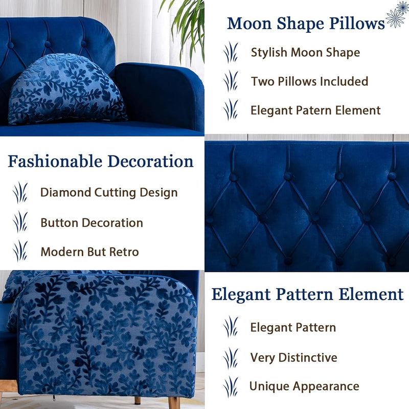 55-Inch Small Velvet Couch with Elegant Moon Shape Pillows, Twin Size Loveseat Accent Sofa with Golden Metal Legs, Living Room Sofa with Tufted Backrest, 600 Pounds Weight Capacity, Navy Blue
