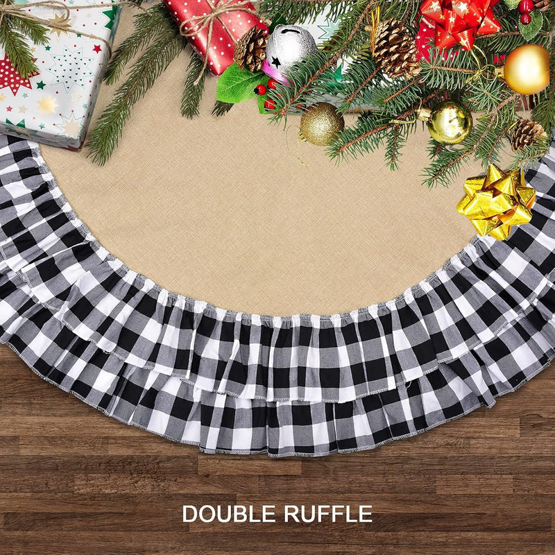 Burlap Halloween Tree Skirt, Buffalo Plaid Christmas Tree Skirt with Double-Deck Ruffle Border, 48'' Black and White Farmhouse Christmas Decoration for Rustic Fall Xmas Tree Ornaments