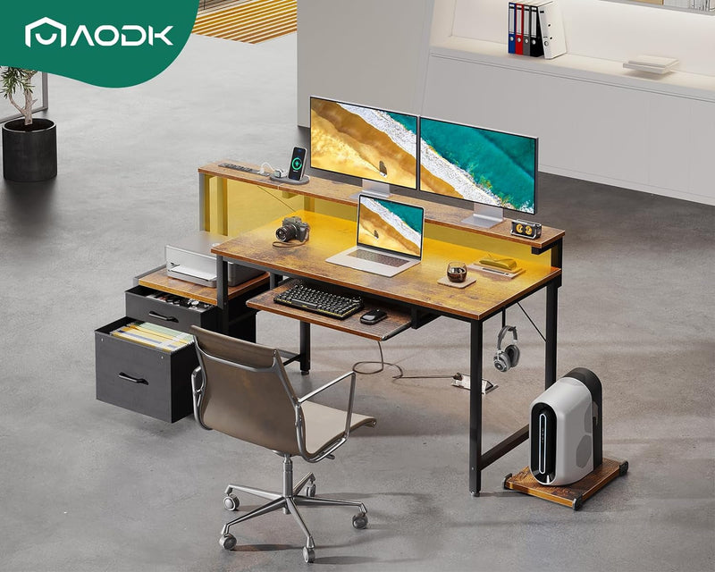 AODK 55 Inch Computer Desk with Power Outlets and LED Light, Reversible Office Desk with File Cabinet & Drawer, Gaming Desk with Keyboard Tray and Full Monitor Riser and PC Stand, Study Table, Vintage