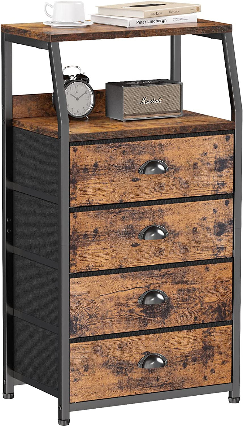 Furnulem Tall 4 Drawers Dresser, Vertical Storage Tower Black Dresser for Bedroom, Hallway, Entryway, Nursery, Closet Organizer, Nightstand Bedside Table Furniture, Sturdy Steel Frame, Wood Top