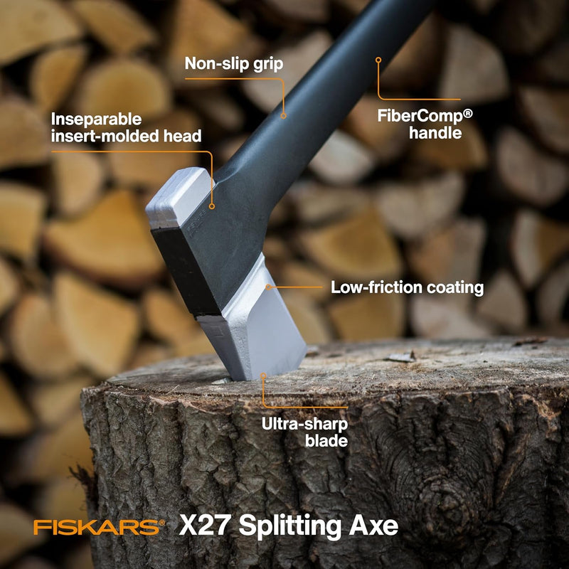 Fiskars X27 Super Splitting Axe - 36" Wood Splitting Axe for Medium to Large Size Logs with Shock-Absorbing Handle - Split Firewood - Forged Steel Blade - Bushcraft Gear and Camping Axe