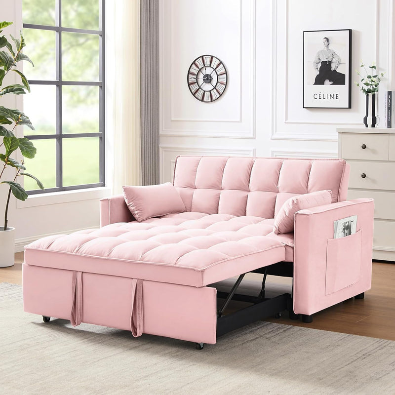 3 in 1 Convertible Sleeper Sofa Bed ,Modern Futon Loveseat Couch Pullout Bed, Velvet Upholstered Small Love Seat Lounge W/Reclining Backrest, Toss Pillows, Pockets, Furniture for Living Room Office