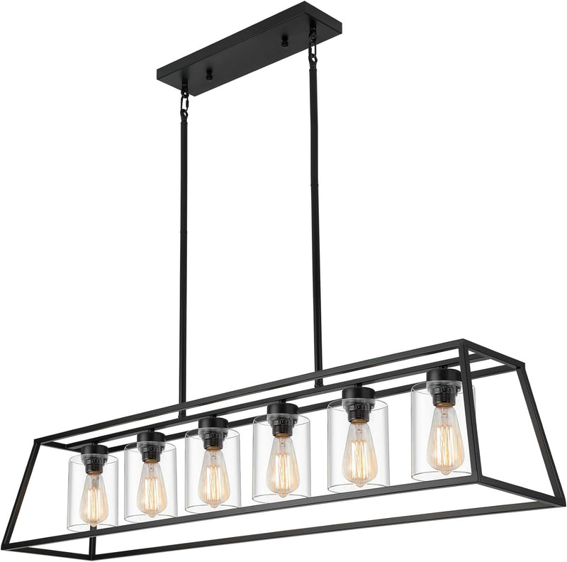 Black Farmhouse Chandeliers for Dining Room, Rustic Kitchen Island Light Fixture, 4-Light Linear Pendant Lights Kitchen Island with Glass Shade ，Apply to Dining Room Light Fixtures over Table