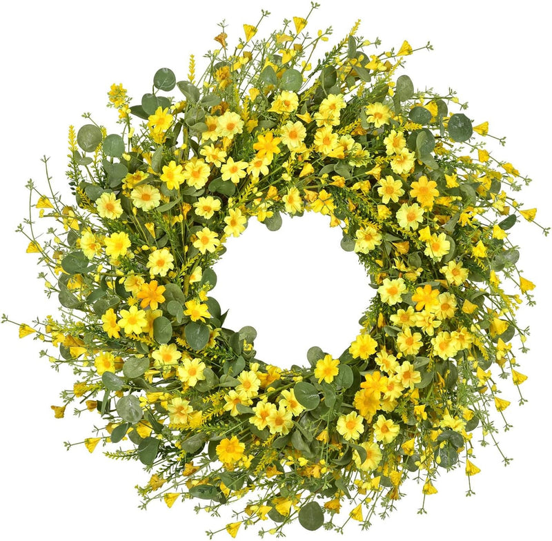 24 Inch Artificial Daisy Flower Spring Wreath with Eucalyptus Green Leaves Wreath Farmhouse Wreath for Front Door Wall Home Party Decorations