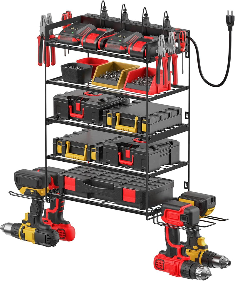 CCCEI Garage Tools Storage with Charging Station. Power Tool Battery Organizer Utility Shelf with Power Strip. 4 Drills Holder Wall Mount Rack, Black.