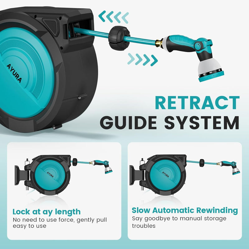 AYURA Retractable Garden Hose Reel, 1/2 Inch X 100 Ft Water Hose Reel Wall Mounted, UV Resistant Double Shell, Any Length Lock, Slow Auto-Rewind, 180°Swivel Bracket, 10 Pattern Nozzle