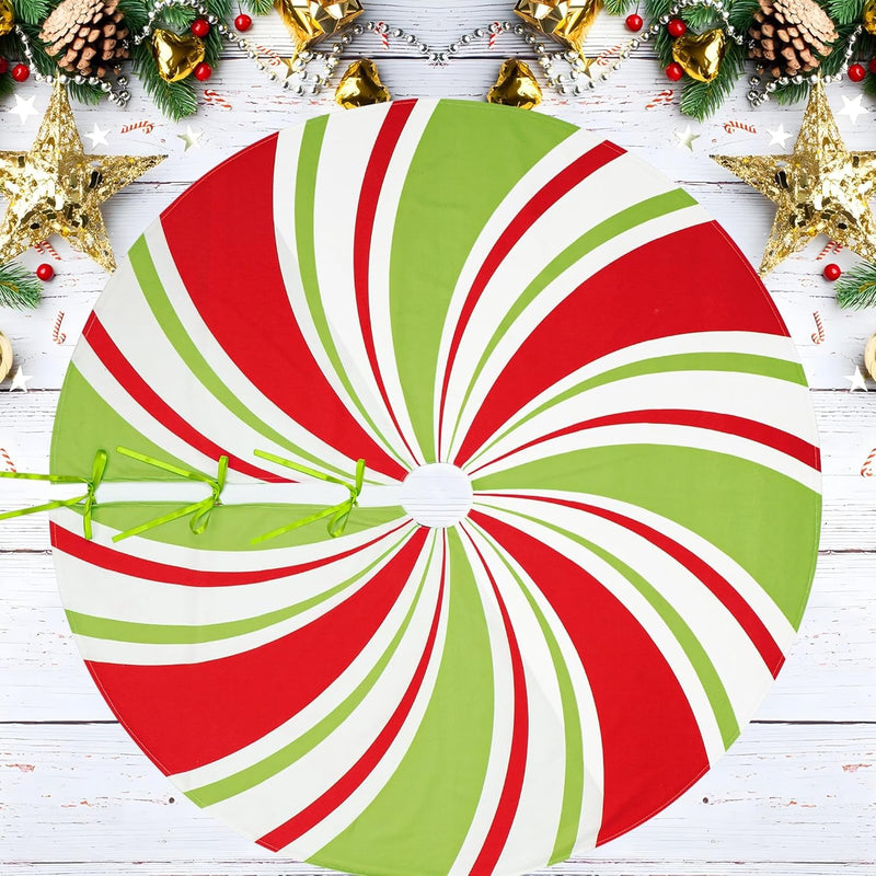 48 Inch Christmas Tree Skirt Peppermint Candy Tree Mat Large Christmas Red White and Green Tree Skirt Candy Swirl Stripe Tree Skirt for Xmas Holiday Home Party Ornament Rustic Farmhouse Decorations