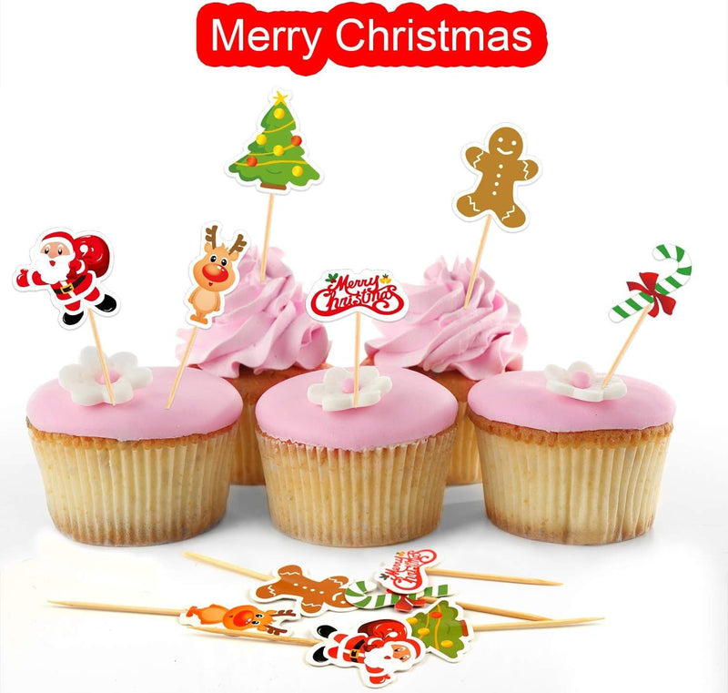 FEPITO 60 Pieces Christmas Cupcake Toppers Picks Merry Christmas Toothpick Flags for Christmas Cake Decorations Christmas Party Holiday Supplies