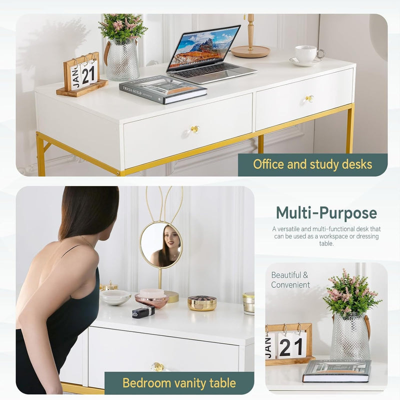 Bumblr 35" White Vanity Desk with Drawers, Computer Desk with Gold Leg, Makeup Dresssing Table for Bedroom, Home Office, Dressing Room, Study, Living Room, White and Gold