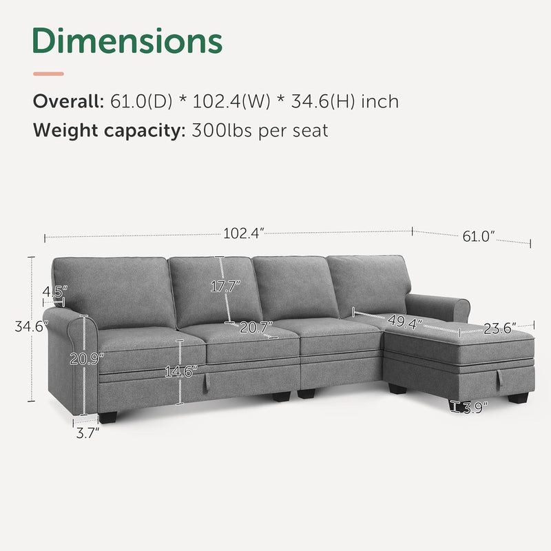 HONBAY Sectional Couch with Storage Seat L Shaped Sectional Couch with Reversible Chaise Small Sectional Couches for Living Room,Light Grey