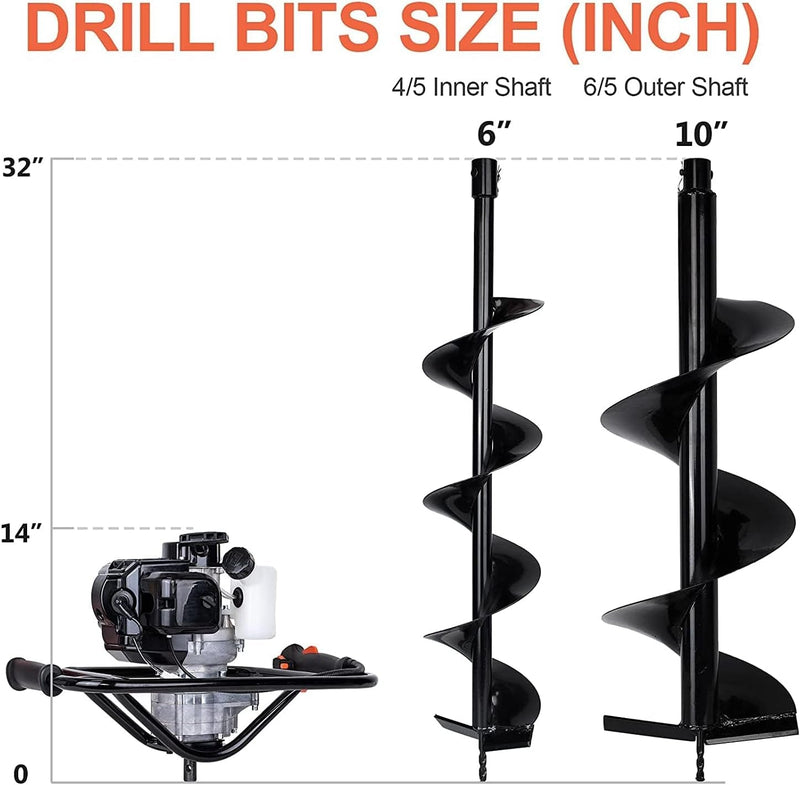 DC HOUSE 52Cc 1800W Gas Powered Earth Auger EPA Certified Post Hole Digger, with 2 Drill Bits 6"10", Mixing Ratio 30:1, for Fence, Farmland and Garden