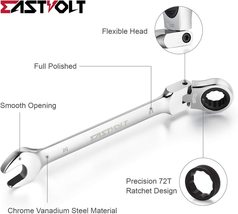 Eastvolt 12-Piece Flex-Head Ratcheting Wrench Set, Metric 8Mm-19Mm, Combination Ended Spanner Kits, Chrome Vanadium Steel with Toolbox, EVHT1201