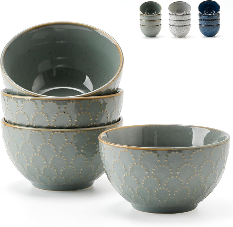 Ceramic Bowls Set of 4, 4.5" Embossment Design Porcelain Soup/Cereal/Rice Bowls for Kitchen, 11.8 Fl Oz Small Bowl Set for Entertaining, Dinner, Housewarming Gift Idea-Green