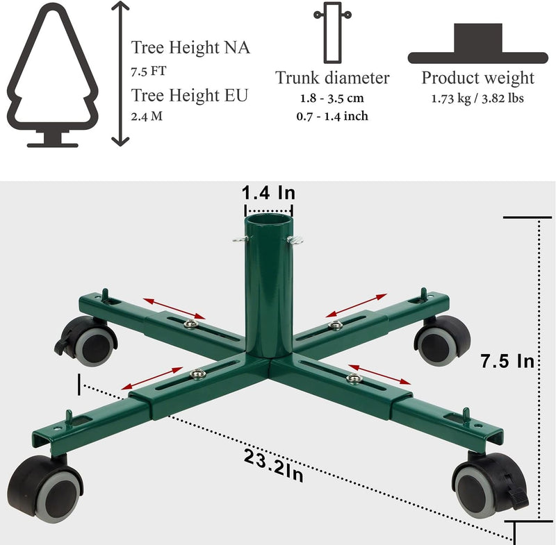 Blissun Christmas Tree Stand Base with Wheels, Movable Christmas Fake Tree Holder, Fits up to 7.5 FT Artificial Trees, Plant Caddy with Wheels, Plant Taxi, Plant Dolly Cart after Christmas (Green)