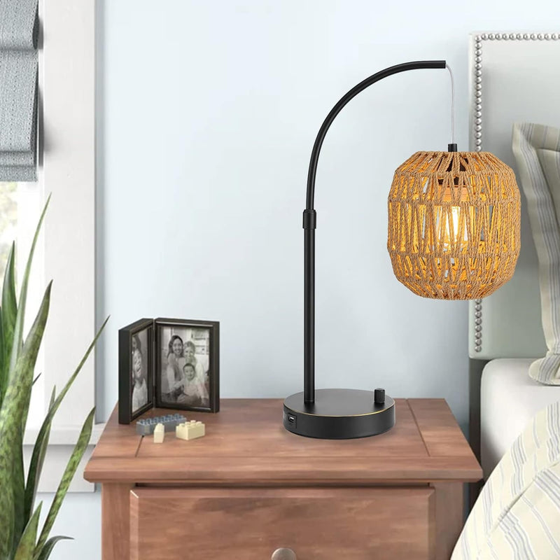 Art Deco Table Lamp, Brown Porcelain, Metal and Rattan, Edison Nightstand Lamp with USB Port, 18X7.5X11.8 Inches, 5W LED, Touch Control, for Home Office Reading