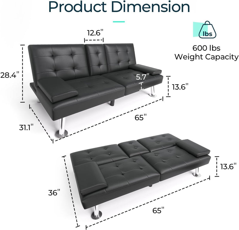 Futon Sofa Bed, Faux Leather Sleeper Sofa with Mattress and Frame, Convertible Futon Couch for Living Room, Black