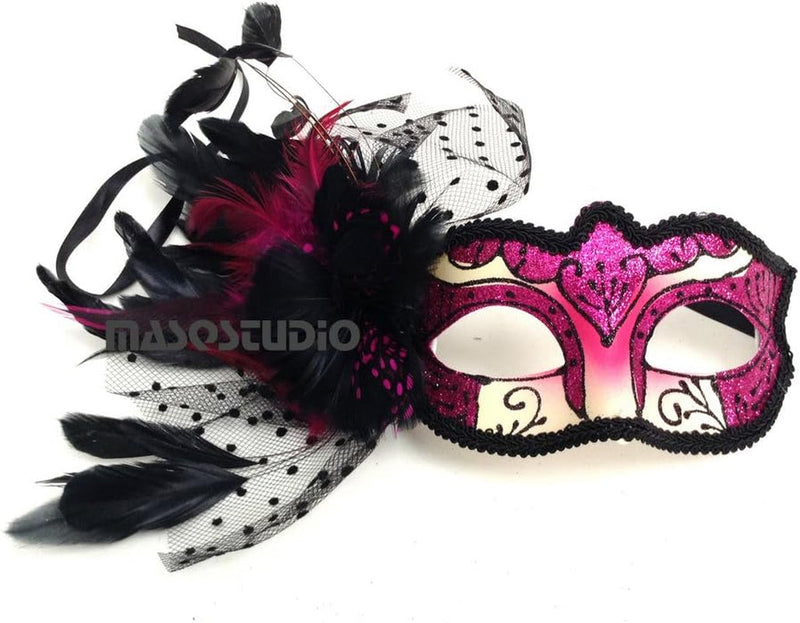 Couple Fuchsia Hot Pink Masquerade Ball Mask Pair Feather Birthday Quinceanera Party Prom (Feather Mask Only)