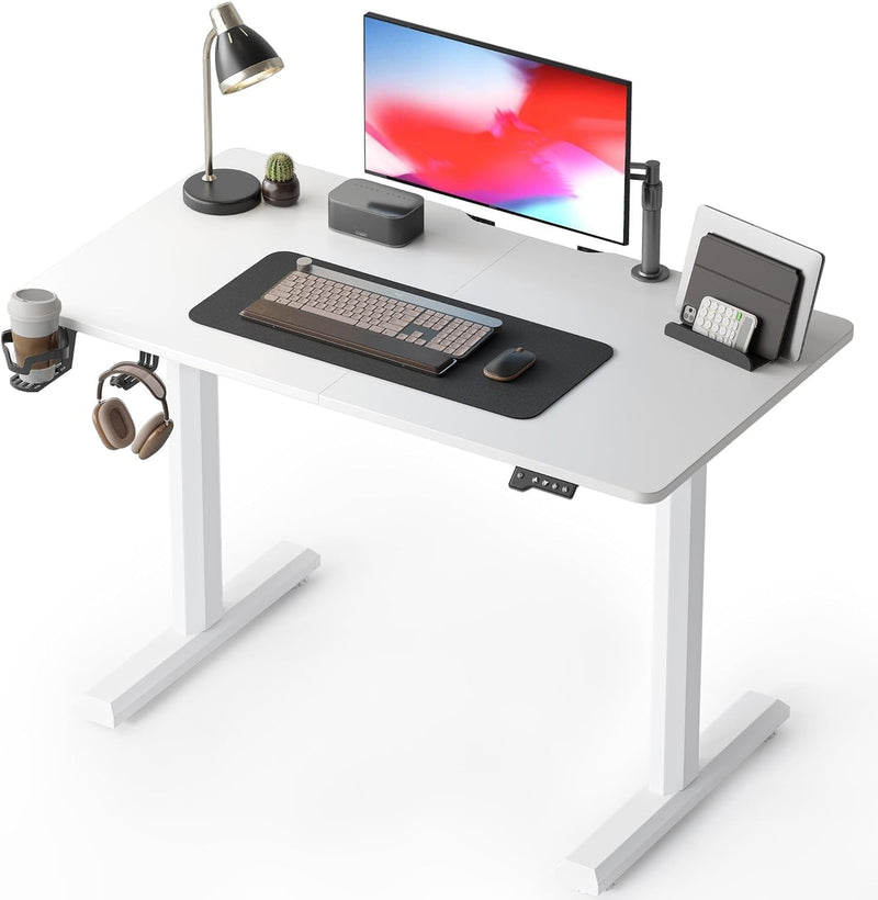 Cubicubi Height Adjustable Electric Standing Desk, 55 X 24 Inches Stand up Table, Sit Stand Home Office Desk with Splice Board, White Frame/White Top