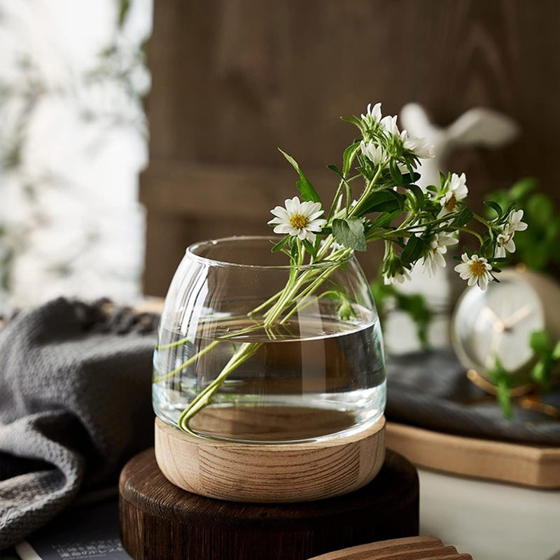 Fofetbfo Glass Hydroponic Plant Terrarium Unique Fish Bowl Aquarium with Wood Base Clear Glass Fish Tank Bowl for Plant and Betta Fish