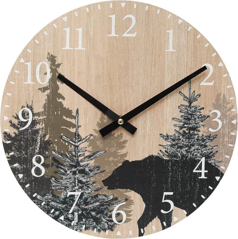 Cabin Bear Wall Clock 12 Inch Silent Non Ticking Clock Wooden Forest Wildlife Mountain Lodge Wall Clock Battery Operated Rustic Farmhouse Wall Clock