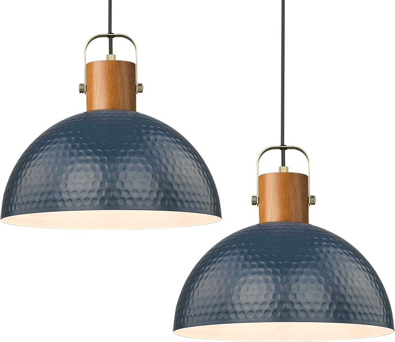 ELYONA Large Pendant Light Fixtures, 16 Inch Wood Dome Ceiling Hanging Lamp with Hammered Metal Shade, Black Modern Chandelier for Kitchen Island, Bar, Farmhouse, Dining Room, Hallway