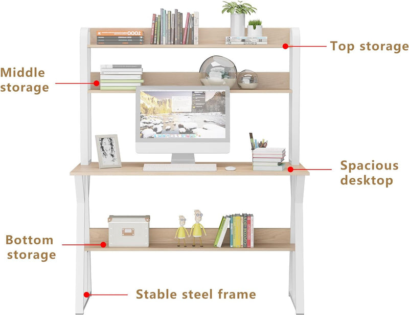 Computer Desk with Hutch 47”Writing Desk with Bookshelf Office Writing Computer Desk with Space Saving Storage Shelves