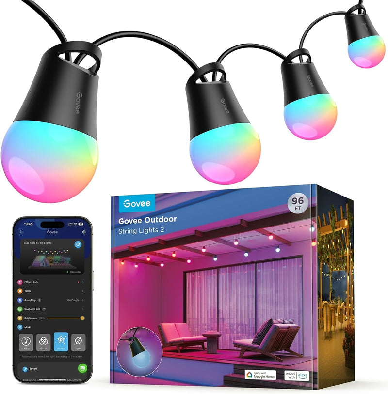 Govee Smart Outdoor String Lights 2, 144Ft RGBIC Outdoor Lights with Dimmable Warm White LED Bulbs, 47 Scene Modes for Patio, Backyard, Balcony, IP65 Waterproof, Works with Alexa, Google Assistant