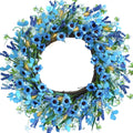 Artificial Summer Wreath, 20" Artificial Flower Wreath with White and Blue Daisy, Spring Wreaths with LED Lights for Front Door Home Decor