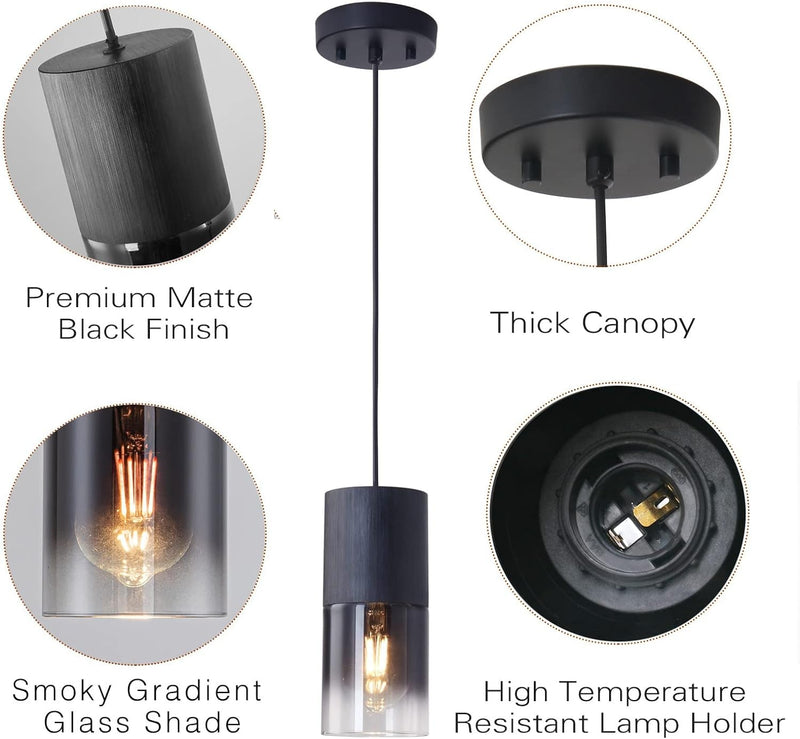 2-Pack Black Pendant Light Fixtures, Adjustable Modern Pendant Lights for Kitchen Island, Industrial Glass Pendant Lights for Dining Table Hallway Bedroom Living Room