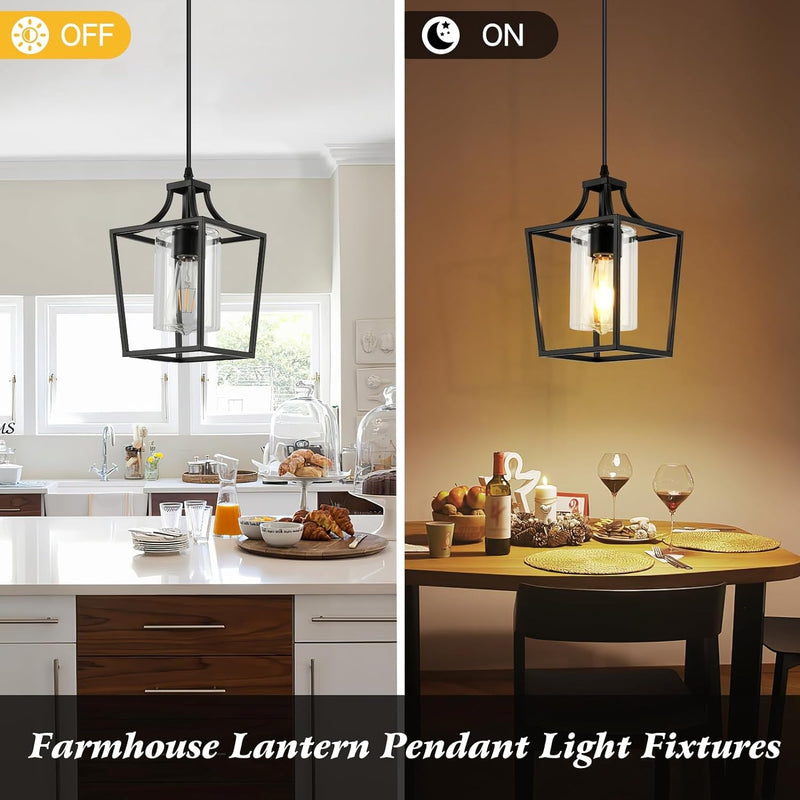 Black Lantern Pendant Light Fixtures Industrial Pendant Lights Kitchen Island with Clear Glass Shade, Farmhouse Hanging Pendant Lighting for Dining Room Foyer Hallway