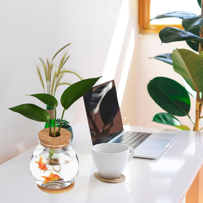 Clear Desktop Fish Bowl with Lid, Small Glass Table Fish Tank with Wood Lid Betta Aquarium Plant Terrarium Vase for Home Office Decoration, Coffee