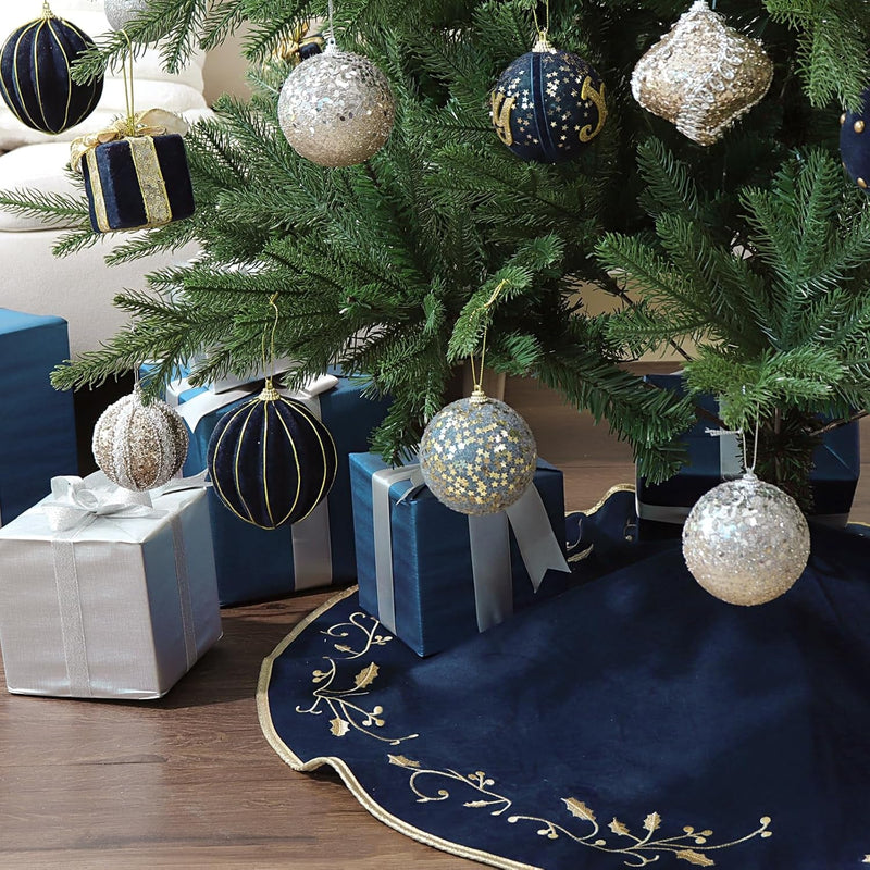 Christmas Tree Skirt, 36 Inches Large Velvet Fur Plush Blue Tree Skirt, Xmas Tree Skirts with Gold Embroidered Holly Leaf for Merry Christmas Party Christmas Tree Decorations