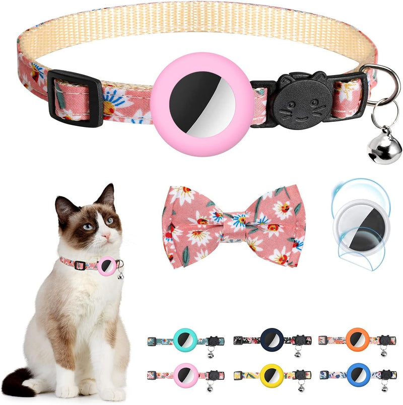 Airtag Cat Collar with Bell Adjustable Breakaway Kitten Collars:- Safety Buckle and Silicone Air Tag Holder Case Compatible with Apple Airtag Geometric Pattern Pet Collar (Cat Collar-Blue)