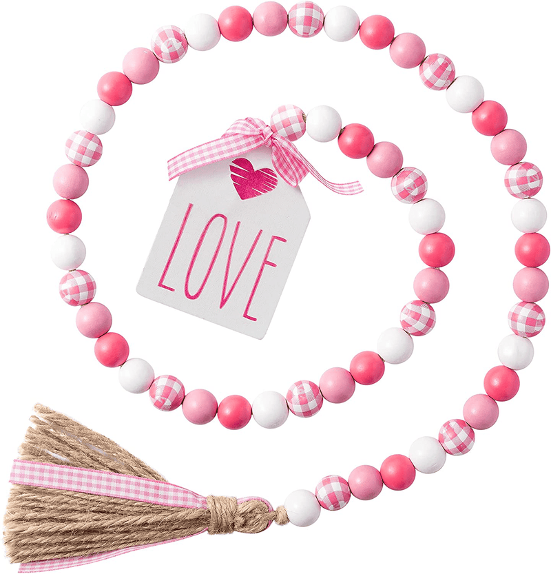 2Ooya Valentine'S Day Wood Beads Garland 41.2 Inch Valentines Rustic Red Pink Wood Bead with Jute Rope Plaid Love Tag Farmhouse Wood Beads Tiered Tray Décor for Valentine Party Home & Garden > Decor > Seasonal & Holiday Decorations 2ooya Pink Plaid 1 