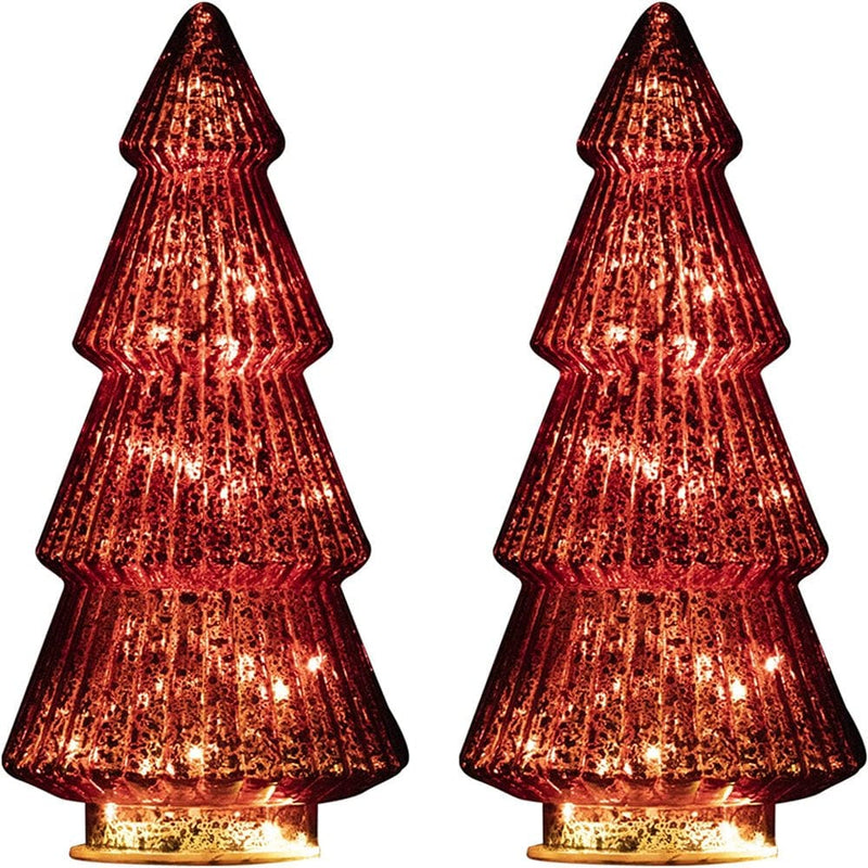 2PCS Christmas Ornaments Set Tower Shaped Glass Xmas Tree with LED Lights, Four Storey Classical Glass Tower Tree for Home Table Decor, Festive Gift, Christmas Decoration 15In  WM-008-Red Red  