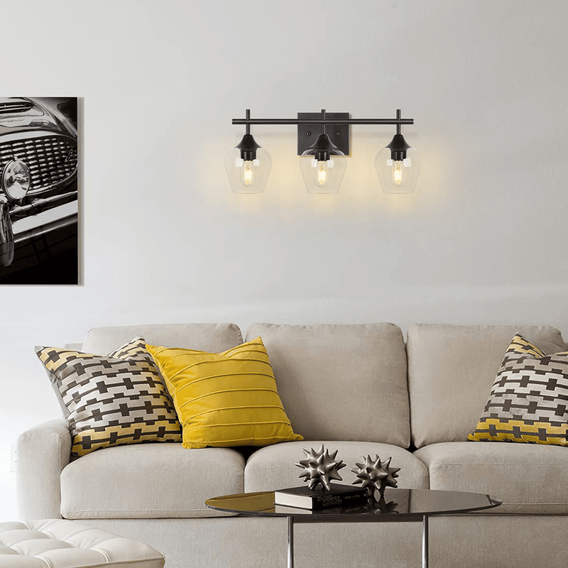 3 Light Farmhouse Bathroom Vanity Light Fixtures Black - over Mirror Modern Industrial Vintage Wall Sconce Lighting Indoor Wall Mount Lamp with Clear Glass Shade,Hardwired,Matte Black Home & Garden > Lighting > Lighting Fixtures > Wall Light Fixtures KOL DEALS   