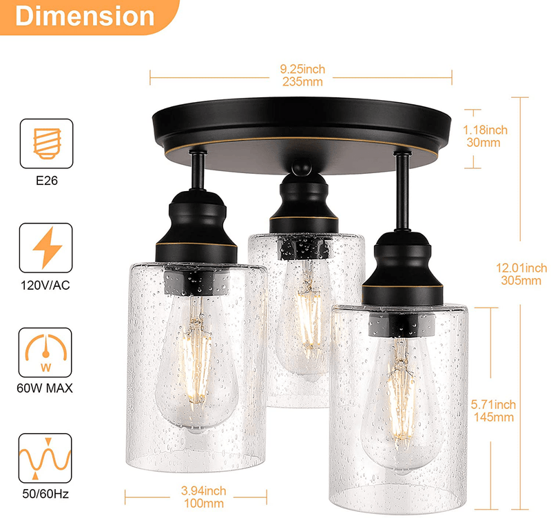 3-Light Industrial Semi Flush Mount Ceiling Light, Vintage Light Fixture with Clear Seeded Glass Shade, Ceiling Lighting for Entryway, Hallway, Living Room and Bedroom, Bulb Not Included