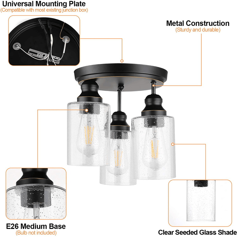 3-Light Industrial Semi Flush Mount Ceiling Light, Vintage Light Fixture with Clear Seeded Glass Shade, Ceiling Lighting for Entryway, Hallway, Living Room and Bedroom, Bulb Not Included Home & Garden > Lighting > Lighting Fixtures > Ceiling Light Fixtures KOL DEALS   