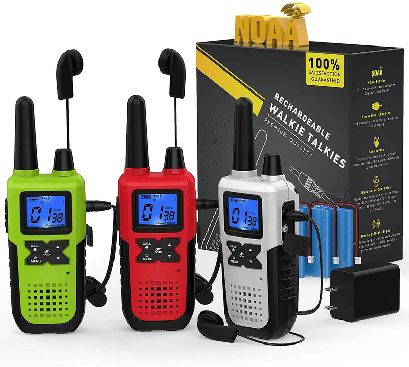 3 Long Range Walkie Talkies Rechargeable for Adults - NOAA 2 Way Radios Walkie Talkies 3 Pack - Long Distance Walkie-Talkies with Earpiece and Mic Set Headsets USB Charger Battery Weather Alert  Topsung A 1Green & 1Red &1Silver with NOAA/USB Charger/USB Cable/Battery/Earpiece/Lanyards 3 Pack 