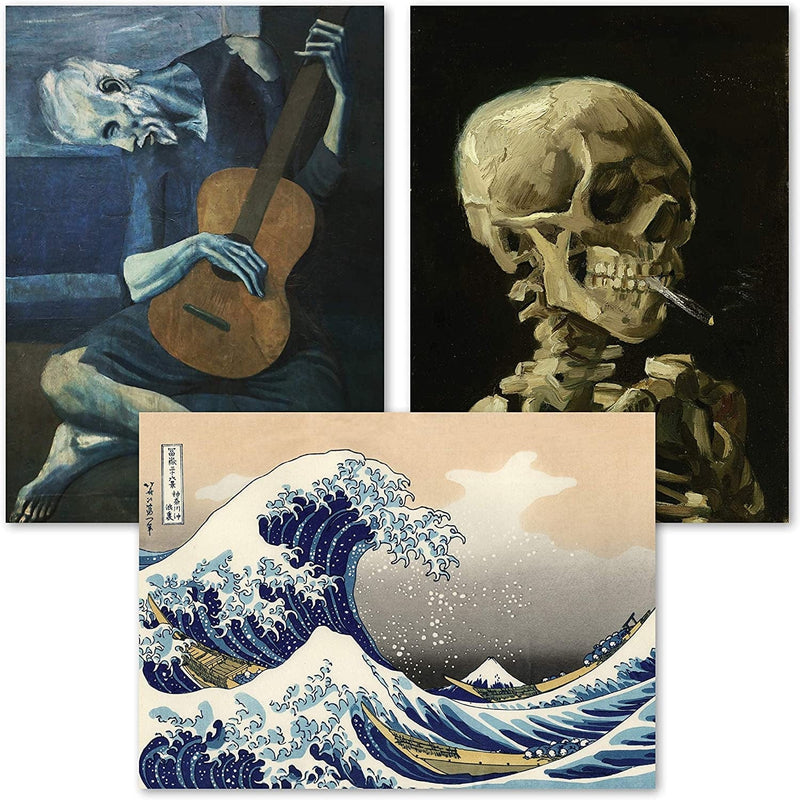 3 Pack of Posters: Vincent Van Gogh Skeleton + the Old Guitarist by Pablo Picasso + the Great Wave off Kanagawa by Katsushika Hokusai - Set of 3 Fine Art Prints (LAMINATED, 18" X 24")
