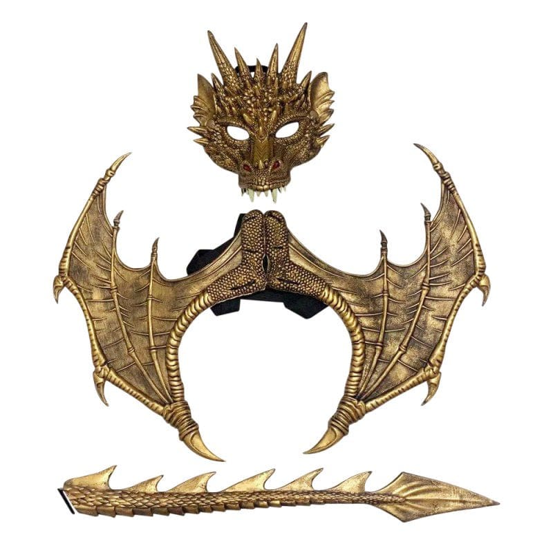 3-Piece Halloween Costumes Dragon Mask + Props Wing + Tails Cosplay Party Decorations Set Apparel & Accessories > Costumes & Accessories > Masks EFINNY Gold  