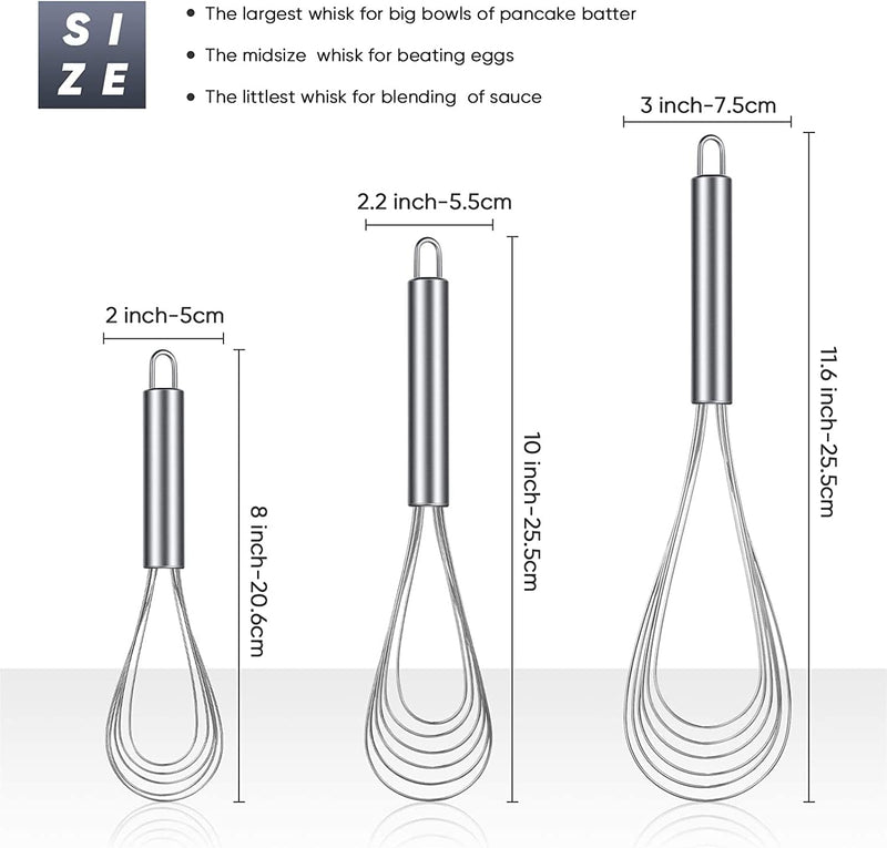 3 Pieces Stainless Steel Kitchen Flat Whisk Set 8 Inch, 10 Inch and 11.6 Inch Stainless Steel Flat Wire Egg Utensils Whisk 6 Wires Egg Mixing Whisk for Cooking Blending Whisking Beating Stirring