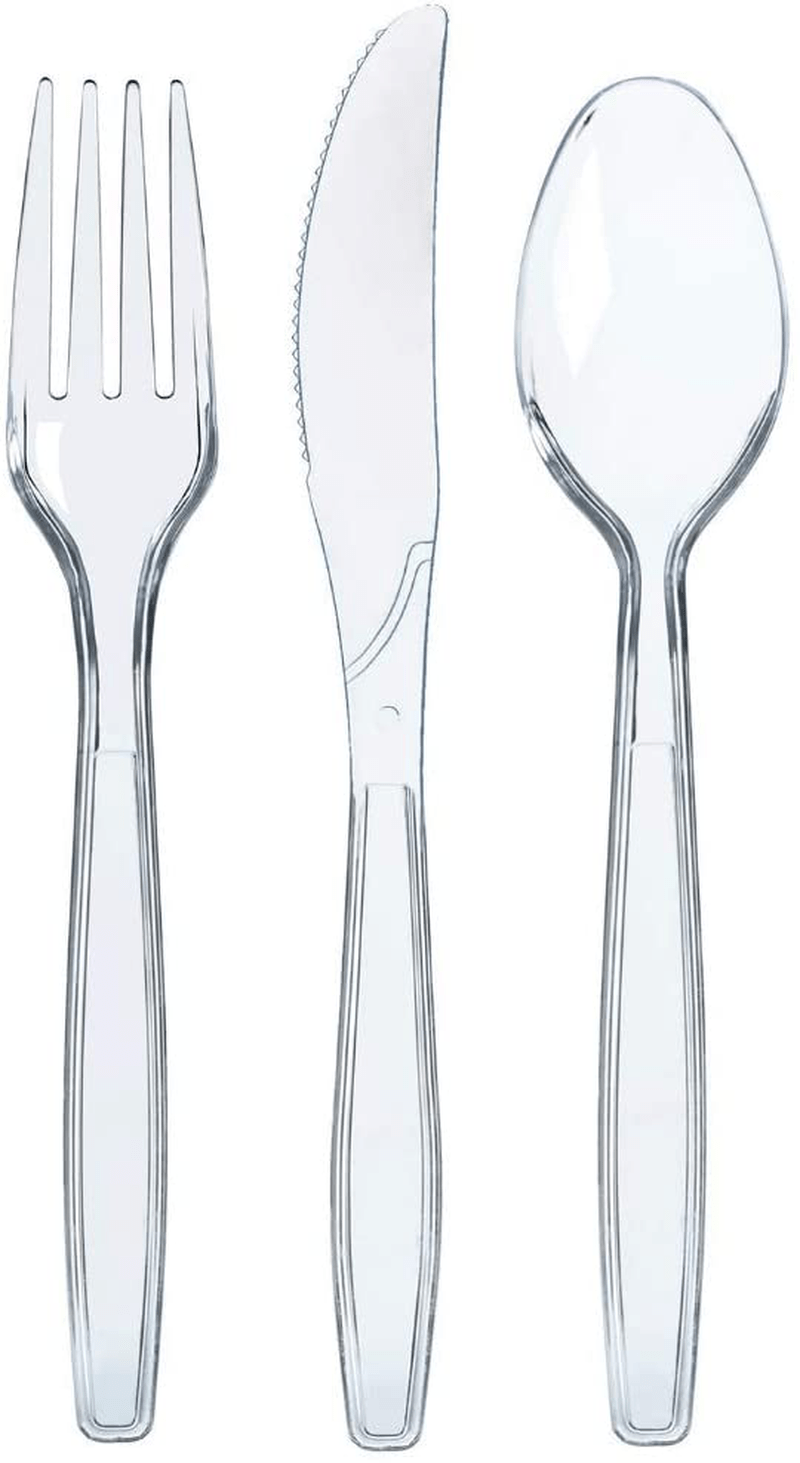 300 Clear Plastic Silverware Set | Disposable Plastic Utensils | 100 Plastic Forks, 100 Plastic Spoons, 100 Plastic Knives | Plastic Cutlery Set | Heavy Duty Bulk Flatware Set