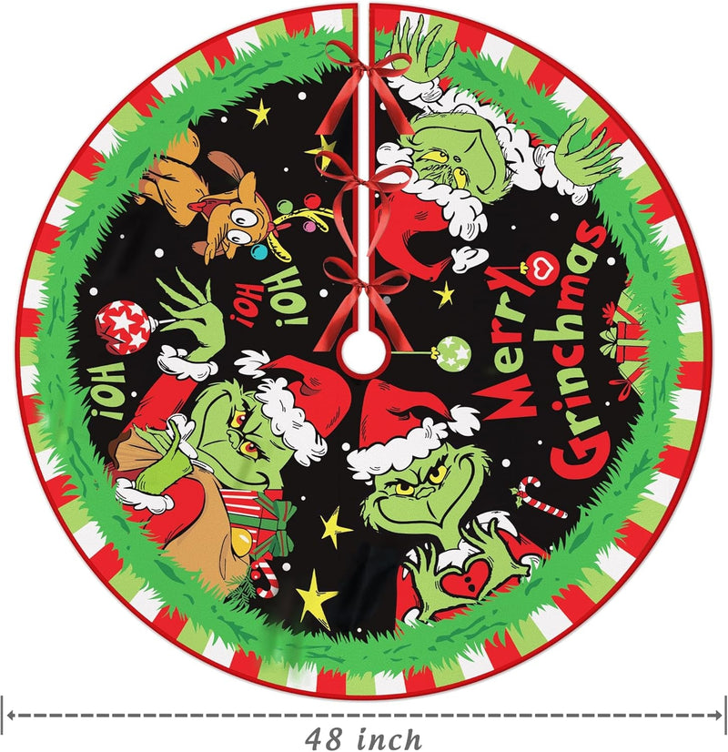 Christmas Tree Skirt 48 Inches, Red and Green Christmas Tree Collar Soft Farmhouse Xmas Tree Skirt with Christmas Monster Design for Holiday Party Decorations