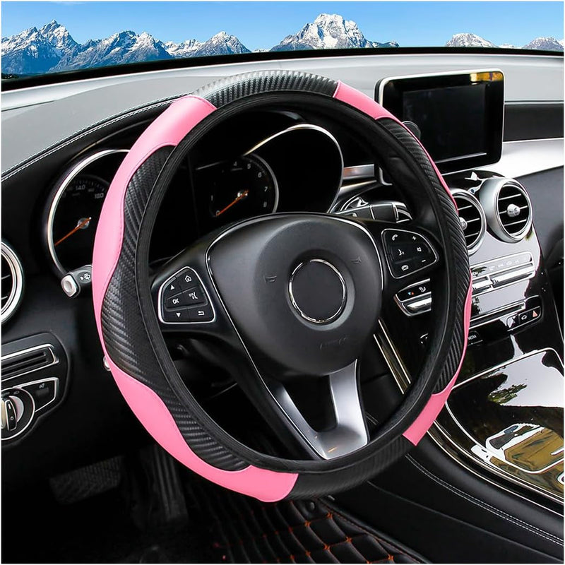 Car Steering Wheel Cover, 15 Inch Carbon Fiber Microfiber PU Leather Elastic Steering Wheel Protector for Men Women, Anti-Slip Breathable Car Interior Accessories for Most Cars (Red)