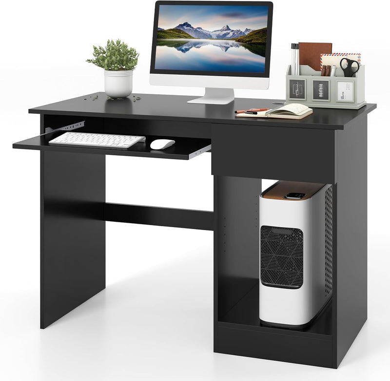 COSTWAY Computer Desk with Keyboard Tray, Large Drawer, Home Office Desk with Adjustable Shelf & Cable Hole, Study Desk, Modern Writing Workstation, PC Laptop Table (Black)