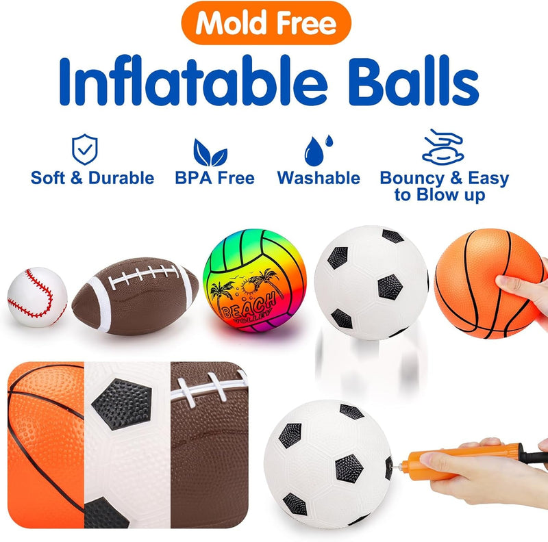 5 Pack Sports Balls Set for Kids with Bag Includes Football Soccer Basketball Baseball Volleyball Fun Indoor Outdoor Toys Sport Soft Bouncy Playground Kickball Hand Pump Toddler 1-3 2-4 3-5 5-7 Gifts